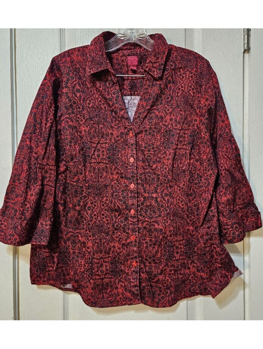 212 Collection Button Front Blouse 1X Red Black Plus Size Chic